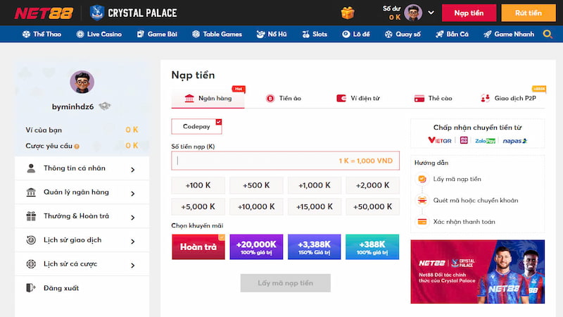 Nạp tiền đơn giản và rõ ràng tại nhà cái Net88